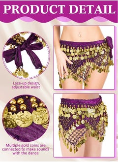 Generic Belly Dance Hip Scarf, Gold Coins Belly Dance Skirt Belly Dancer Costumes, Women's Chiffon Belly Dancing Belt with 128 Gold Coins for Women Girl Latin Zumba Yoga (Purple)  - Image 3