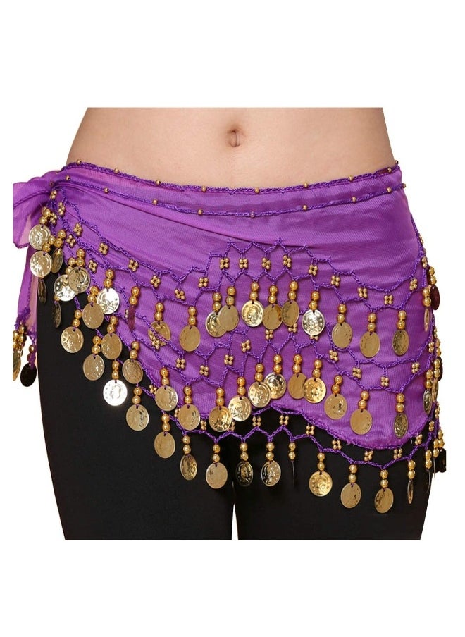 Generic - Belly Dance Hip Scarf, Gold Coins Belly Dance Skirt Belly Dancer Costumes, Women's Chiffon Belly Dancing Belt with 128 Gold Coins for Women Girl Latin Zumba Yoga (Purple) - Image 1