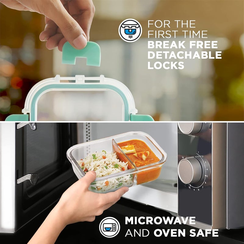 Allo Allo FoodSafe Compartment Glass Lunch Box with Break Free Lock Oven Microwave Safe Borosilicate Glass Container with Partition Divider Office Tiffin with Denim Blue Bag 580ml Rectangle  - Image 2