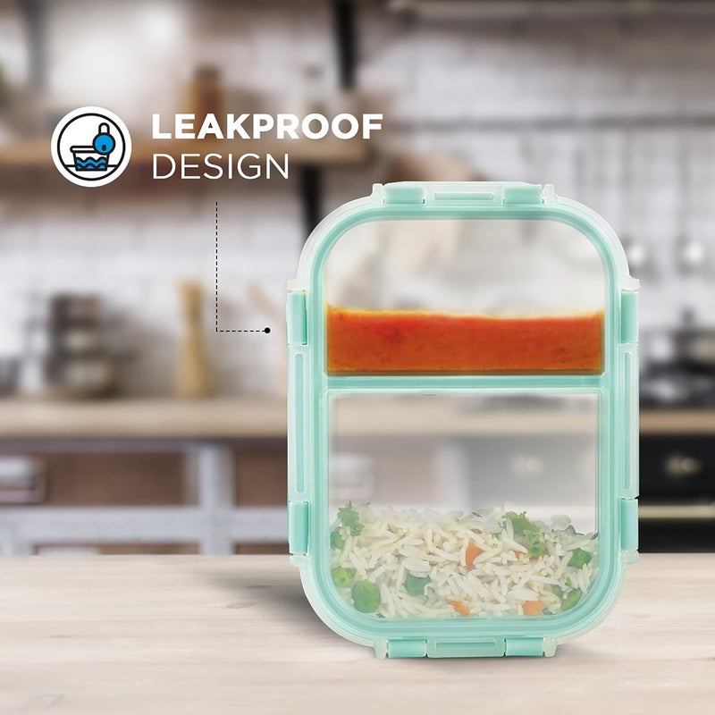 Allo Allo FoodSafe Compartment Glass Lunch Box with Break Free Lock Oven Microwave Safe Borosilicate Glass Container with Partition Divider Office Tiffin with Denim Blue Bag 580ml Rectangle  - Image 4