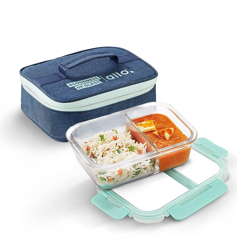 Allo Allo FoodSafe Compartment Glass Lunch Box with Break Free Lock Oven Microwave Safe Borosilicate Glass Container with Partition Divider Office Tiffin with Denim Blue Bag 580ml Rectangle  - Image 3