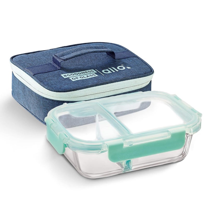 Allo Allo FoodSafe Compartment Glass Lunch Box with Break Free Lock Oven Microwave Safe Borosilicate Glass Container with Partition Divider Office Tiffin with Denim Blue Bag 580ml Rectangle  - Image 1