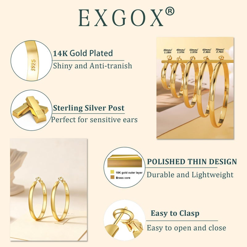EXGOX 5mm Wide Gold Hoop Earrings for Women,Sterling Silver Hoop Earrings Large Silver Hoop Earrings Hypoallergenic Lightweight 14K Real Gold Plated Big Hoop Earrings for Women - Image 5