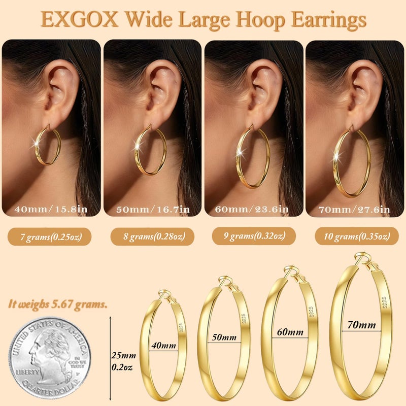 EXGOX 5mm Wide Gold Hoop Earrings for Women,Sterling Silver Hoop Earrings Large Silver Hoop Earrings Hypoallergenic Lightweight 14K Real Gold Plated Big Hoop Earrings for Women - Image 4