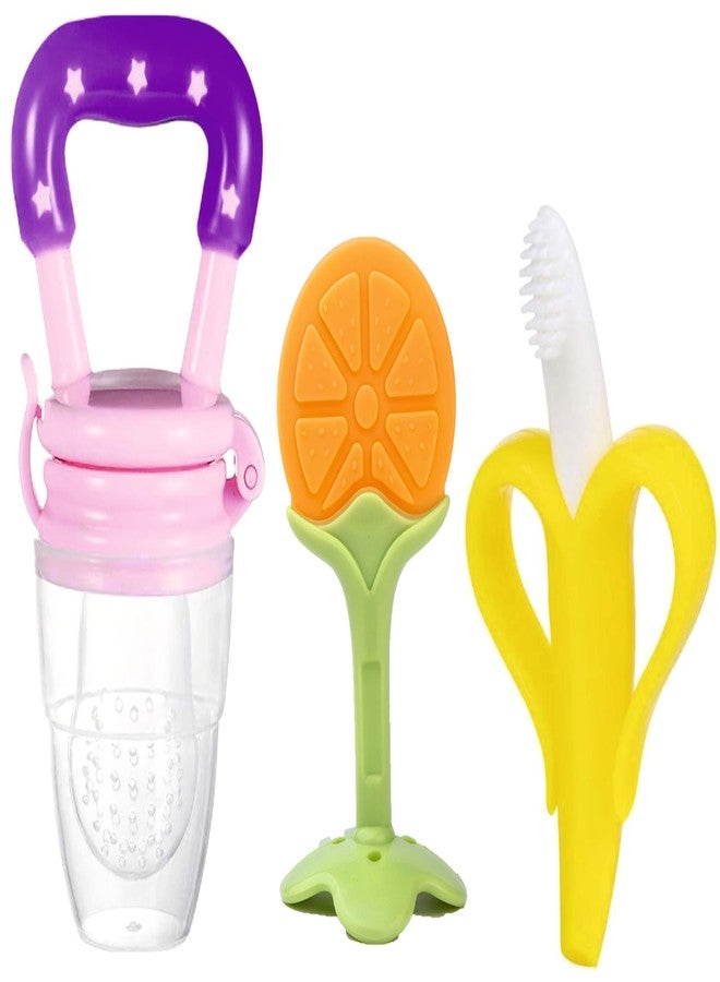 Roforuf Baby Banana Teether,Orange Teether & Fruit Feeder Combo – Safe & Soft Teething Relief & Oral Care Perfect for Newborn Toddlers & Infant Baby - Pack of 3 (Pink ORNG) - Image 1