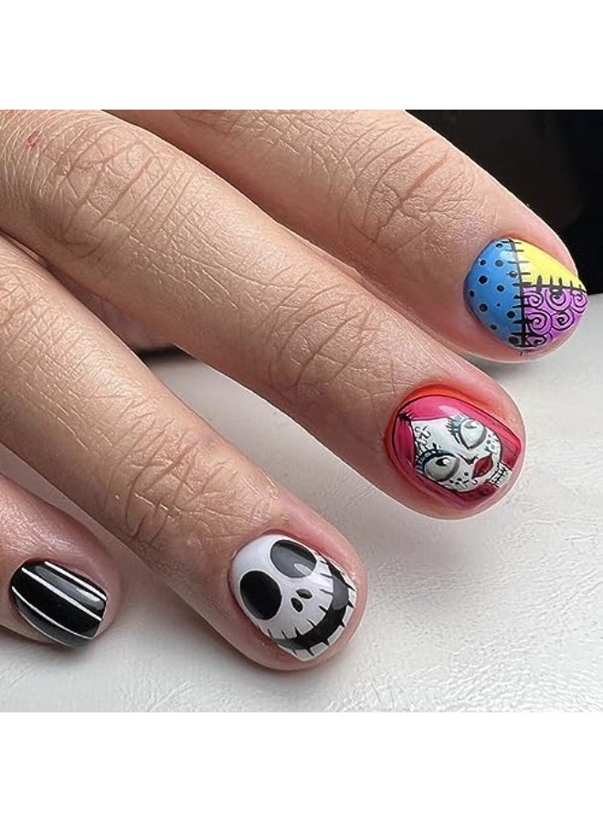 GRITOSE Halloween Press on Nails Square Short Fake Nails with Witch Patch Scary Face Designs Acrylic Stick on Nails Thriller Glue on Nails for Women Girls Party Cool Colorful Manicure24pcs - Image 1