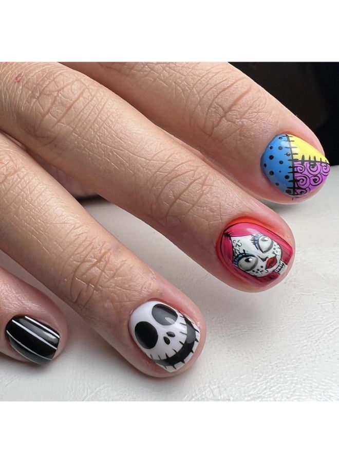 GRITOSE Halloween Press on Nails Square Short Fake Nails with Witch Patch Scary Face Designs Acrylic Stick on Nails Thriller Glue on Nails for Women Girls Party Cool Colorful Manicure24pcs - Image 2