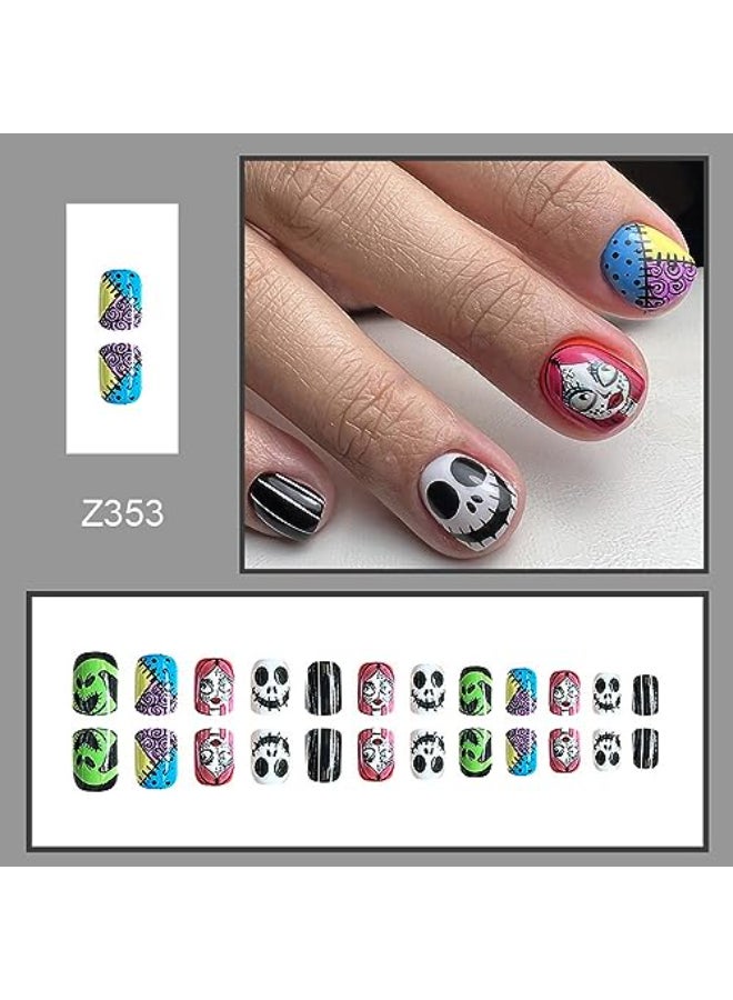 GRITOSE Halloween Press on Nails Square Short Fake Nails with Witch Patch Scary Face Designs Acrylic Stick on Nails Thriller Glue on Nails for Women Girls Party Cool Colorful Manicure24pcs - Image 3