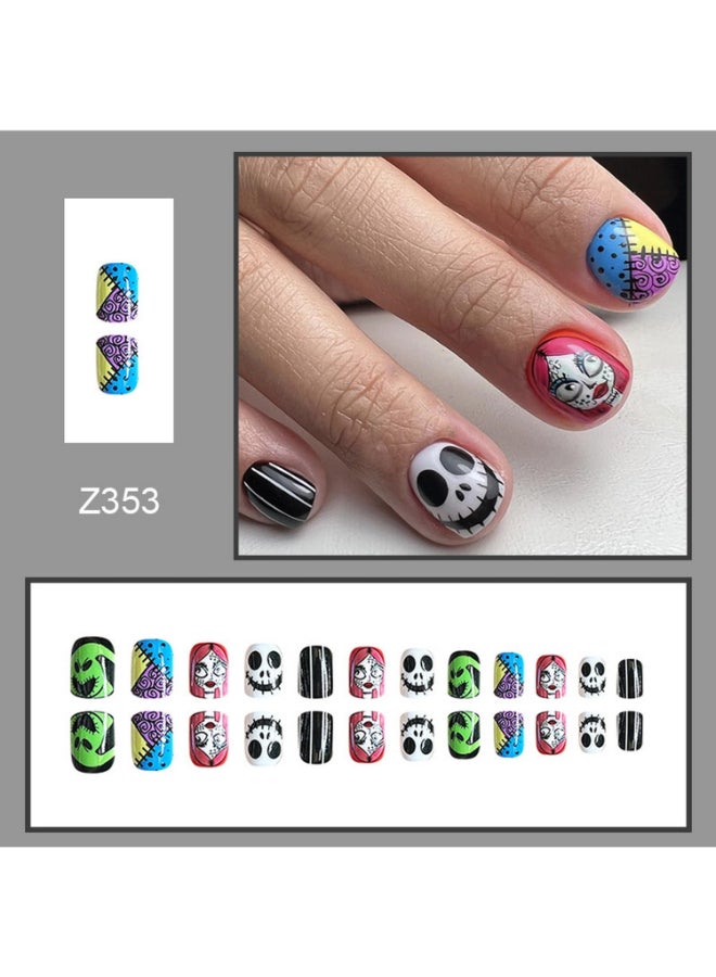 GRITOSE Halloween Press on Nails Square Short Fake Nails with Witch Patch Scary Face Designs Acrylic Stick on Nails Thriller Glue on Nails for Women Girls Party Cool Colorful Manicure24pcs - Image 4