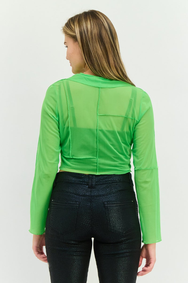 TOPSHOP Women Tie Neck Long Sleeve Textured Top, Green - Image 3
