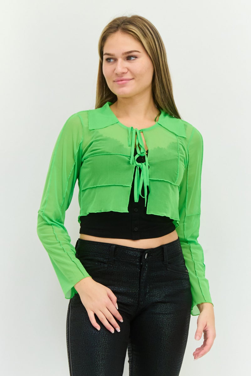 TOPSHOP Women Tie Neck Long Sleeve Textured Top, Green - Image 1