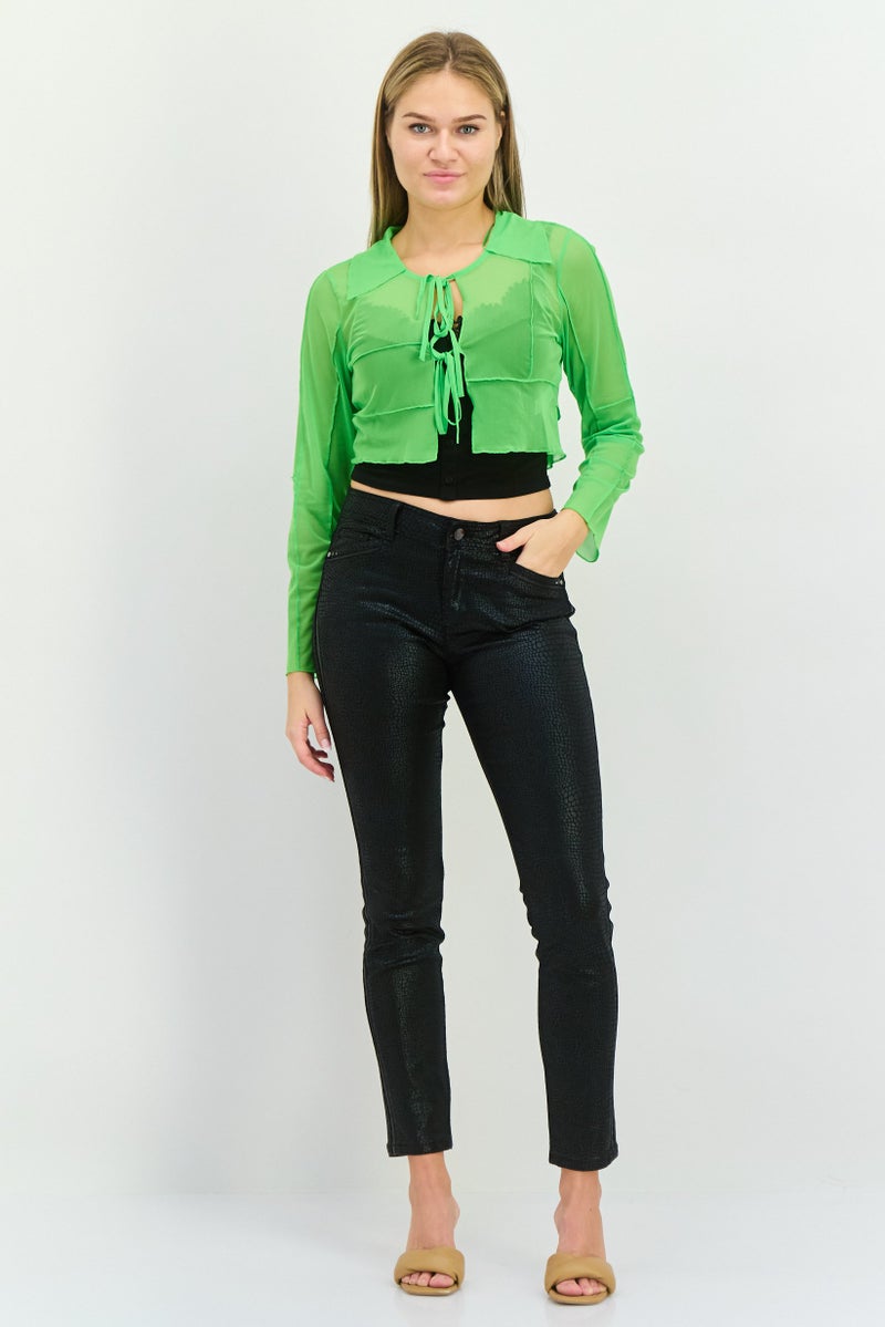 TOPSHOP Women Tie Neck Long Sleeve Textured Top, Green - Image 4