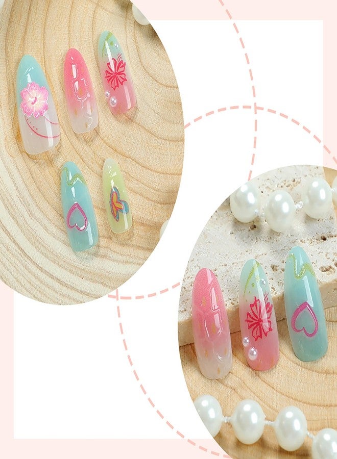 KKUUOO Handmade Press on Nails | Summer Fake Nail with 3D Starfish and Flowers Design,Medium Almond Acrylic Nails | Cute False Nails,Stick on Nail for Women Girls | Summer Beach Manicure 24Pcs - Image 2