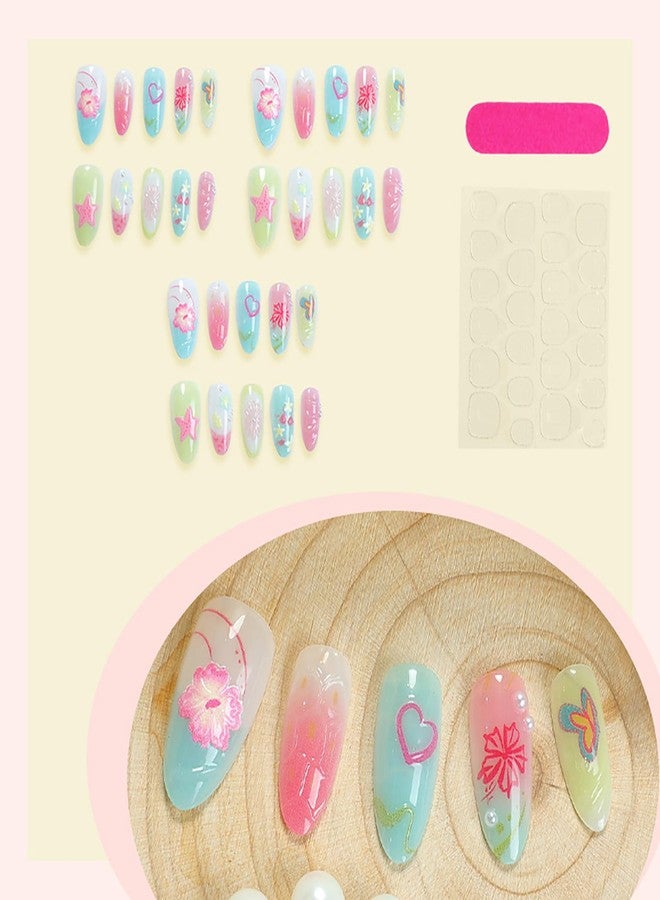KKUUOO Handmade Press on Nails | Summer Fake Nail with 3D Starfish and Flowers Design,Medium Almond Acrylic Nails | Cute False Nails,Stick on Nail for Women Girls | Summer Beach Manicure 24Pcs - Image 3