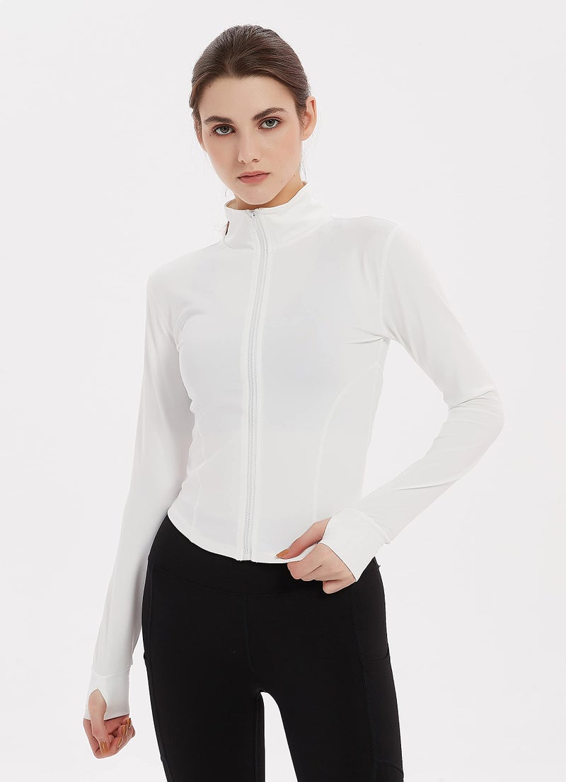 Gihuo Women's Athletic Full Zip Lightweight Workout Jacket Cropped Gym Yoga Track Jacket with Thumb Holes（White-XS） - Image 3