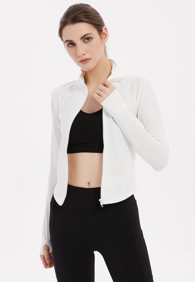 Gihuo Women's Athletic Full Zip Lightweight Workout Jacket Cropped Gym Yoga Track Jacket with Thumb Holes（White-XS） - Image 5
