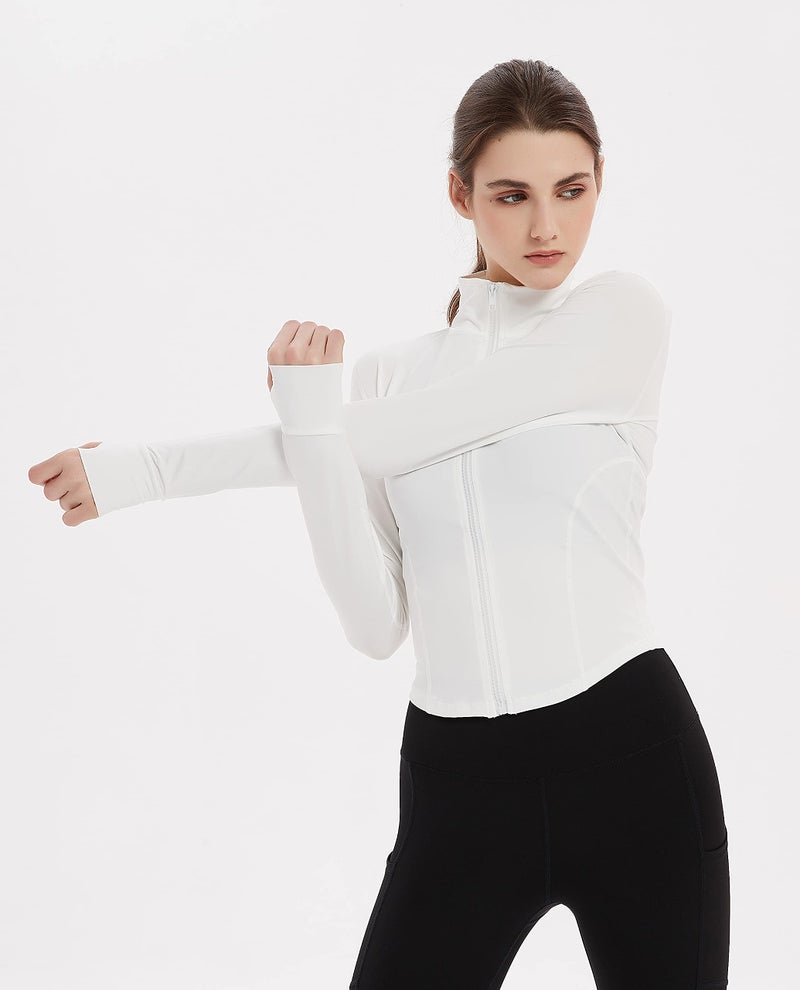 Gihuo Women's Athletic Full Zip Lightweight Workout Jacket Cropped Gym Yoga Track Jacket with Thumb Holes（White-XS） - Image 4