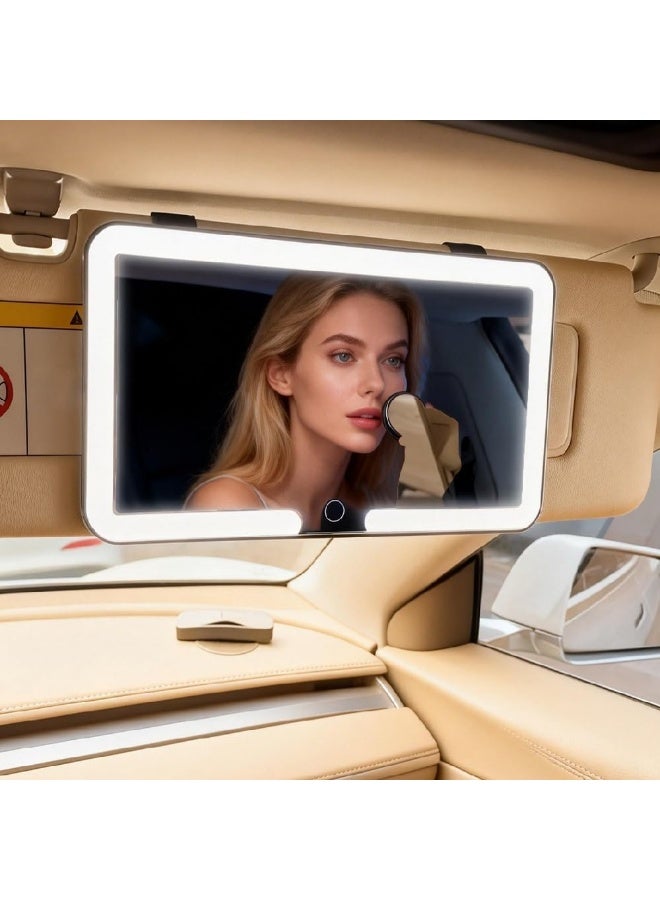 مراة فانيتي عالمية للسيارة مع اضواء LED وخاصية التعتيم باللمس - مراة مكياج LED قابلة لاعادة الشحن، 3 اوضاع للالوان، هدية للنساء، اكسسوارات مراة السيارة (ابيض) - Image 1