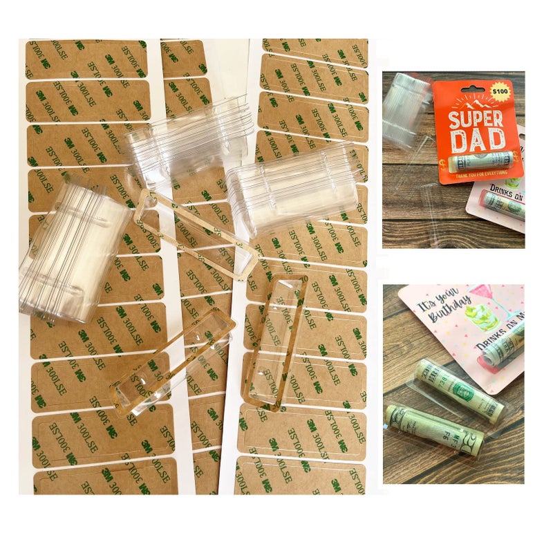 HHYOOSOO Money Card Holder Clear Plastic Dome Lip Balm Pouches with Adhesive Lip Balm Pouch Money Holder Plastic Cover DIY Chapstick Holder Fathers Day Gifts Custom Gift Card Holder 30 PACK