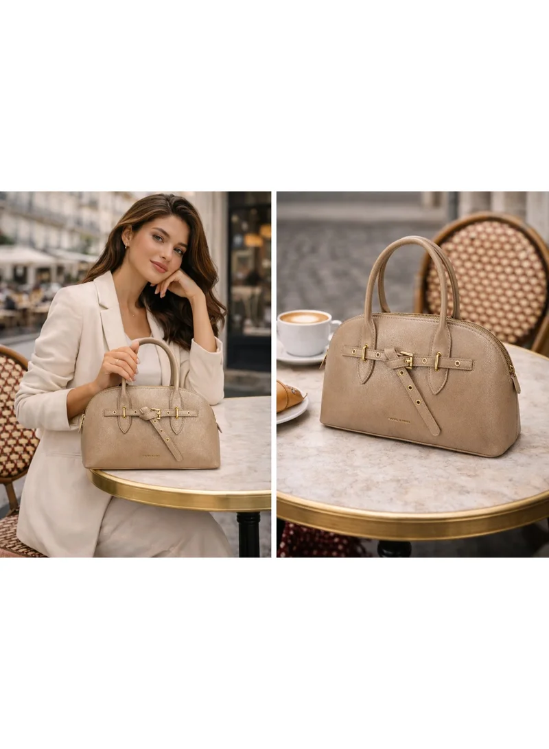 David Jones Warm Taupe David Jones Classic top handle purse model cm7805- Vintage leather bag with adjustable extra strap- trapeze style faux vegan leather formal and semi formal bag for Women | Best Price UAE