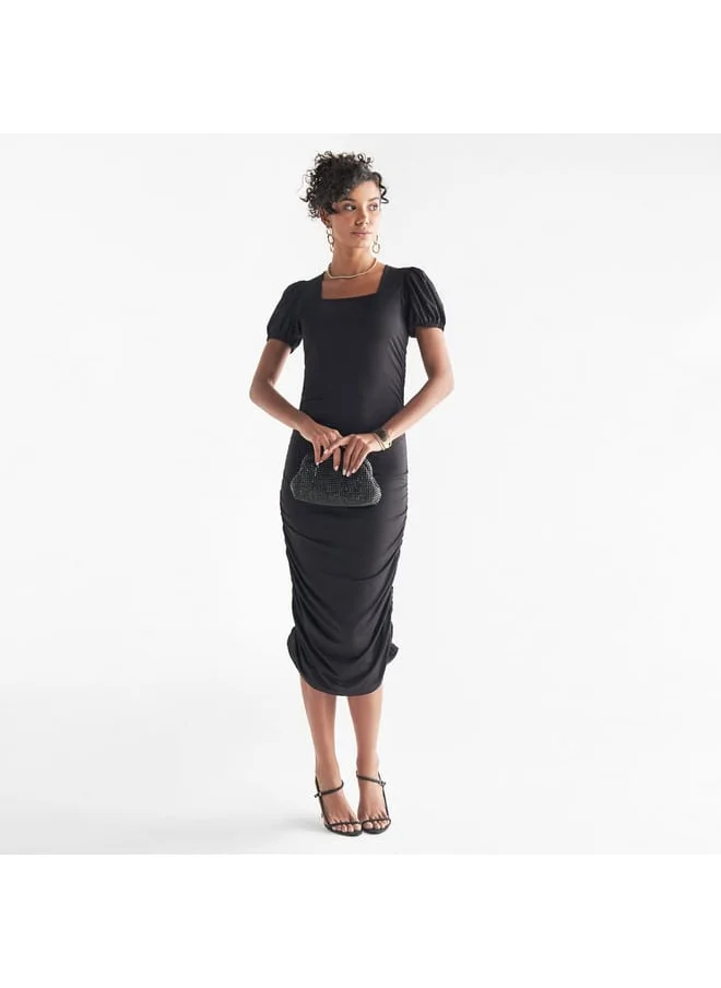 FAV Ruched Detail Midi Dress with Square Neck and Puff Sleeves