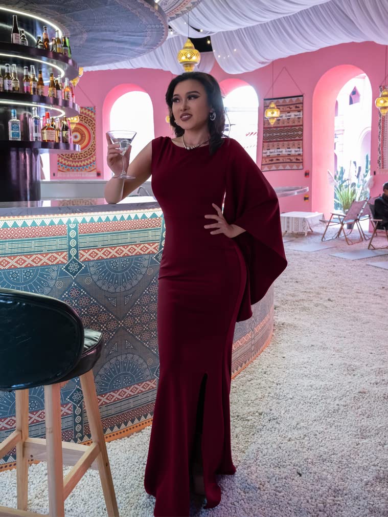 YMDUCH Women's Elegant One Bell Sleeve Side Split Long Paty Mermaid Formal Dress WineRed - Image 3