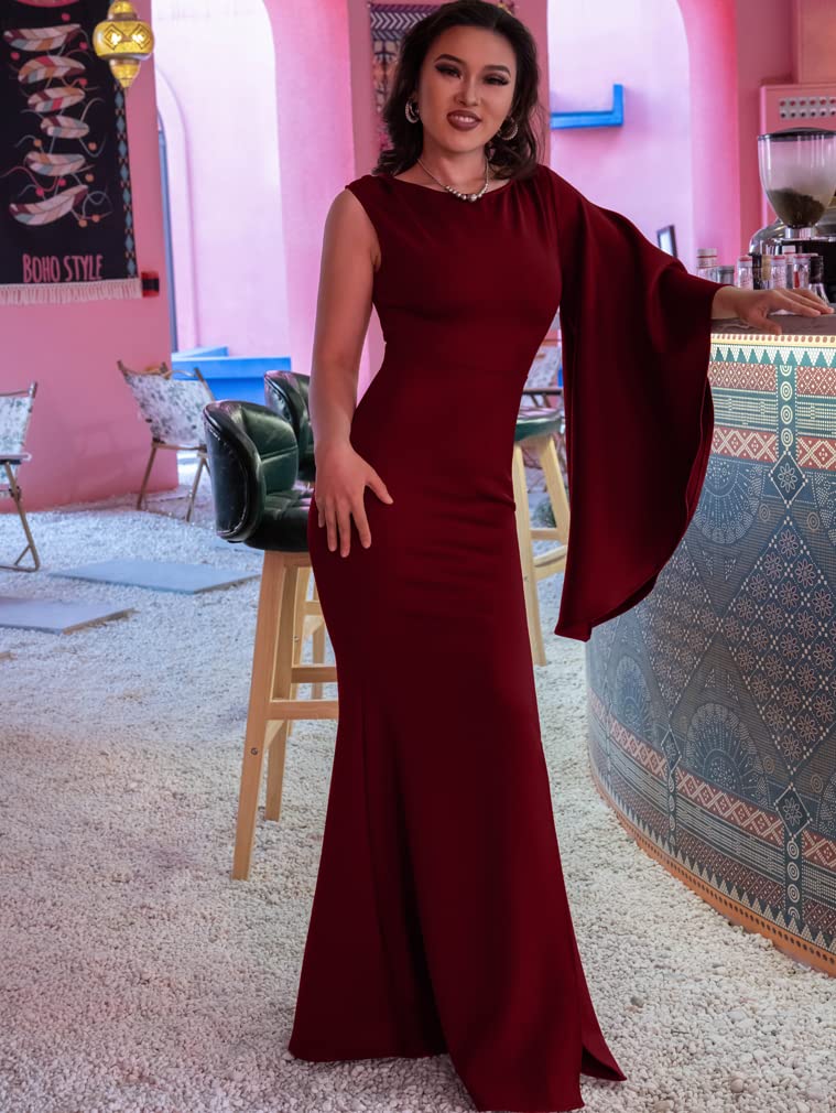 YMDUCH Women's Elegant One Bell Sleeve Side Split Long Paty Mermaid Formal Dress WineRed - Image 4