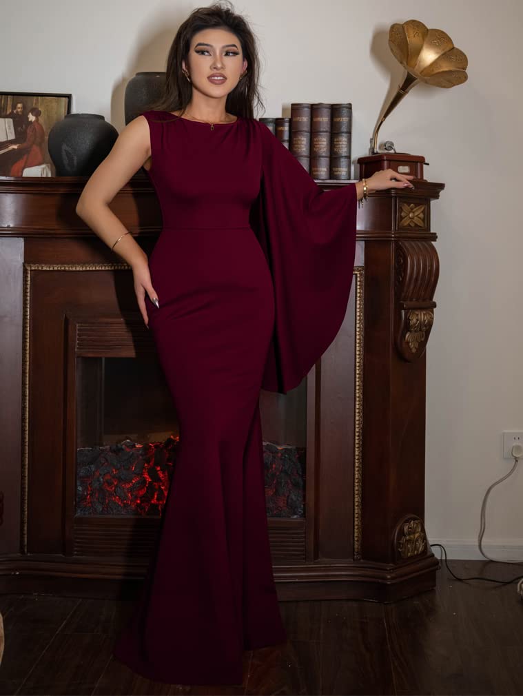YMDUCH Women's Elegant One Bell Sleeve Side Split Long Paty Mermaid Formal Dress WineRed - Image 5