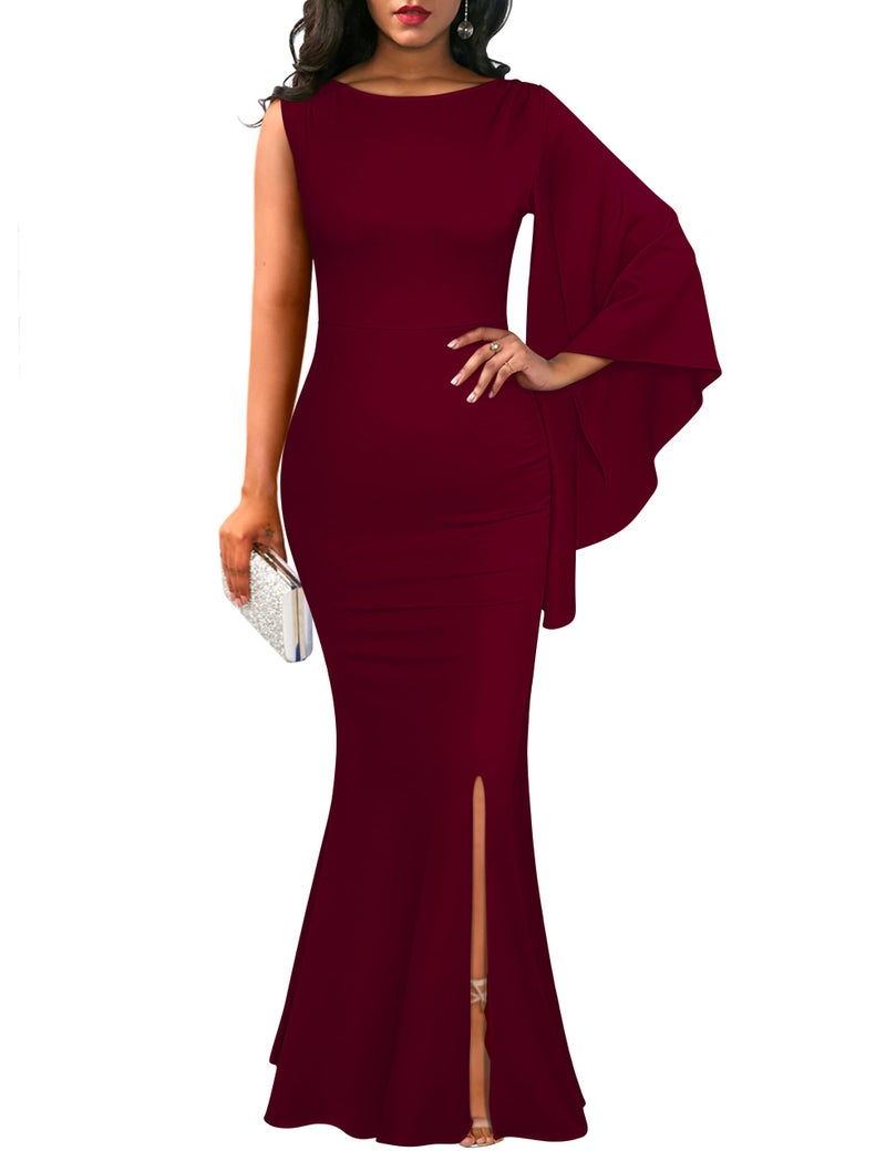 YMDUCH Women's Elegant One Bell Sleeve Side Split Long Paty Mermaid Formal Dress WineRed - Image 1