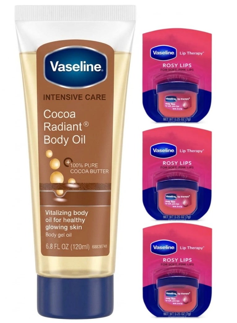 Vaseline Intensive Care Cocoa Radiant Body Gel Oil 120Ml plus 3Pcs Vaseline Lip Care Rosy Lips 7g - Image 1