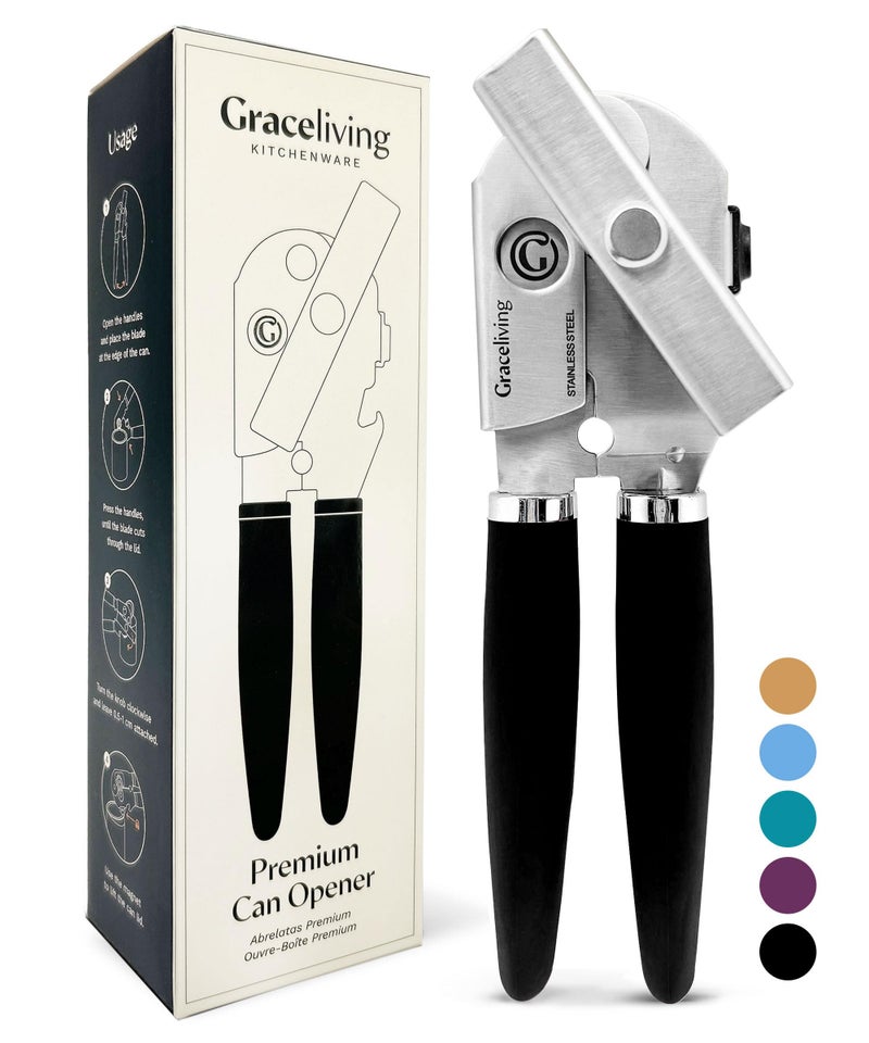 Graceliving Premium Multifunction Magnetic Manual Can Opener and Bottle Opener, Heavy Duty Stainless Steel Sharp Cutting Blade and Oversized Easy Turn Knob, Soft-Touch Handle, Kitchen Use, Black - Image 1