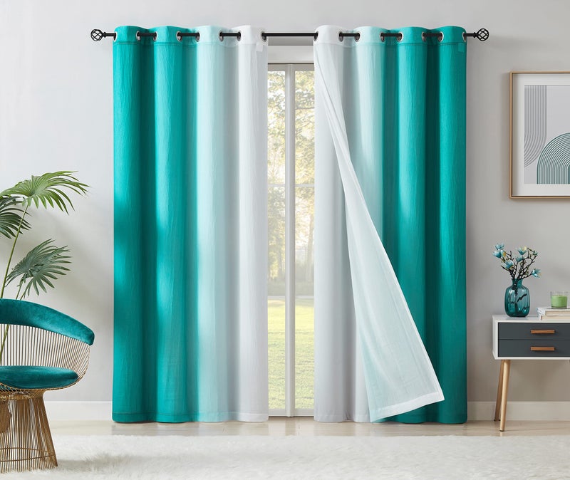 Mix and Match Blackout and Sheer Curtains for Bedroom Living Room 84 Teal Ombre Chiffon Crinkled Sheer Panels with White 90 Blackout Curtains Grommet Triple Weave Window Drapes 52 Wide 4 Panels