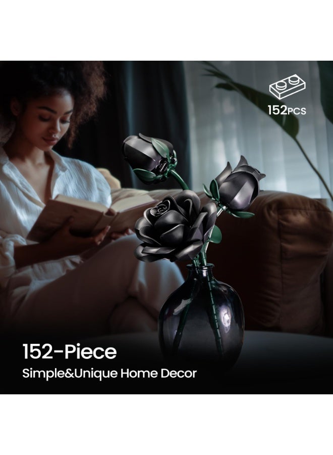 مجموعة بناء زهور الورود السوداء - عبوة من 3 قطع، هدايا تذكارية - مجموعة زهور اصطناعية كلاسيكية، ديكور منزلي - Image 2
