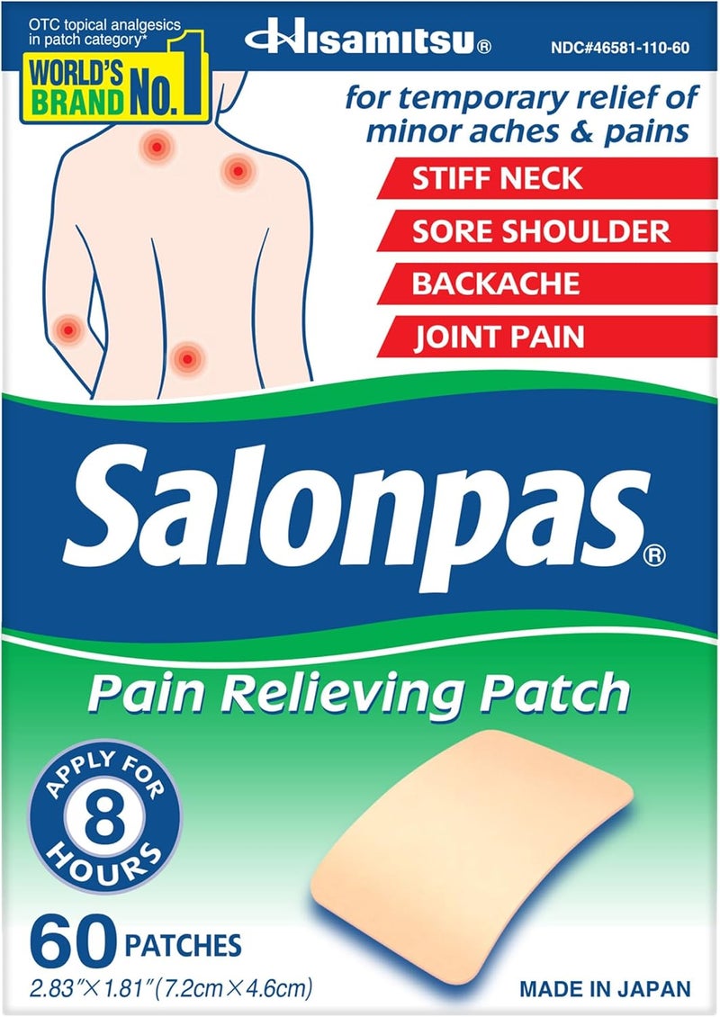 Salonpas لصقة تخفيف الألم للظهر والرقبة والكتف وآلام الركبة وآلام العضلات - تخفيف الألم لمدة 8 ساعات - 60 قطعة - Image 1