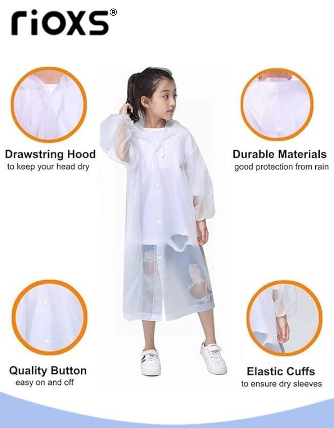 ريوكس 2 قطعة من المعطف المطري المقاوم للماء للأطفال، الأولاد الفتيات الأطفال الأطفال، معطف مطير محمول من طراز EVA بنشوات مطرية طويلة مع رؤوس، أكمام مرنة ملابس مطرية خفيفة الوزن، معطف مطير قابل لإعادة الاستخدام لتخييم الدراجات في الهواء الطلق (110 سم *55 سم) - Image 2