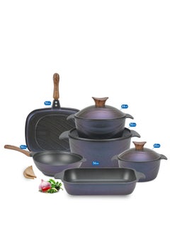 NeoKlein Neoklein Kitchen Cookware Set, Healthy, Non-Stick, Round, Made Of Granite, Consisting Of 9 Pieces, 3 Pots + Wok + Casserole + Double Grill 3 Pots (20-24-30) + Wok 30 + Casserole 36 + Double Grill 36-Ocean 