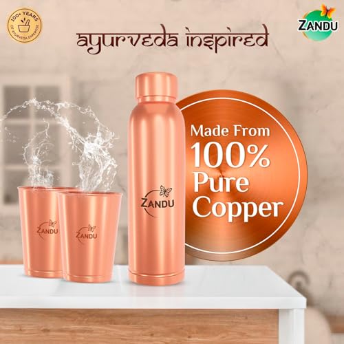 Zandu Copper Gift Set Pack (1 Bottle & 2 Tumbler): Made with 100% Pure Copper |Supports Digestive & Liver Health | Helps Enhance Immunity| Useful in Promoting Overall Health (Pack of 950ml & 2x300ml) - Image 2