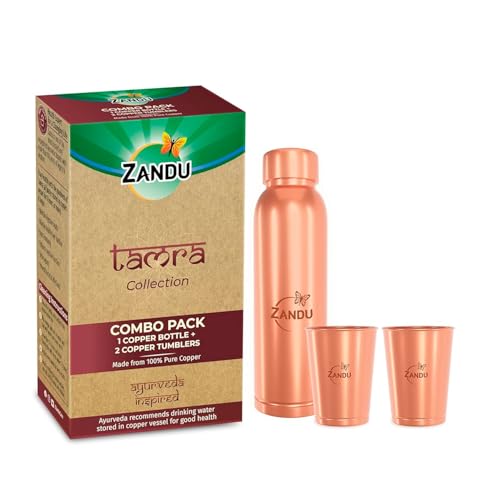 Zandu Copper Gift Set Pack (1 Bottle & 2 Tumbler): Made with 100% Pure Copper |Supports Digestive & Liver Health | Helps Enhance Immunity| Useful in Promoting Overall Health (Pack of 950ml & 2x300ml) - Image 1