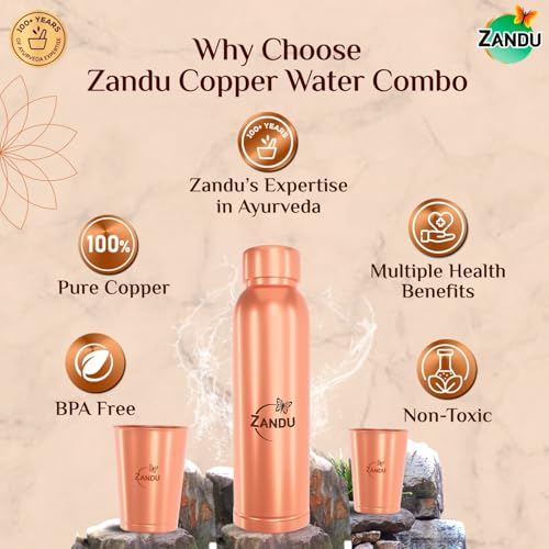 Zandu Copper Gift Set Pack (1 Bottle & 2 Tumbler): Made with 100% Pure Copper |Supports Digestive & Liver Health | Helps Enhance Immunity| Useful in Promoting Overall Health (Pack of 950ml & 2x300ml) - Image 4
