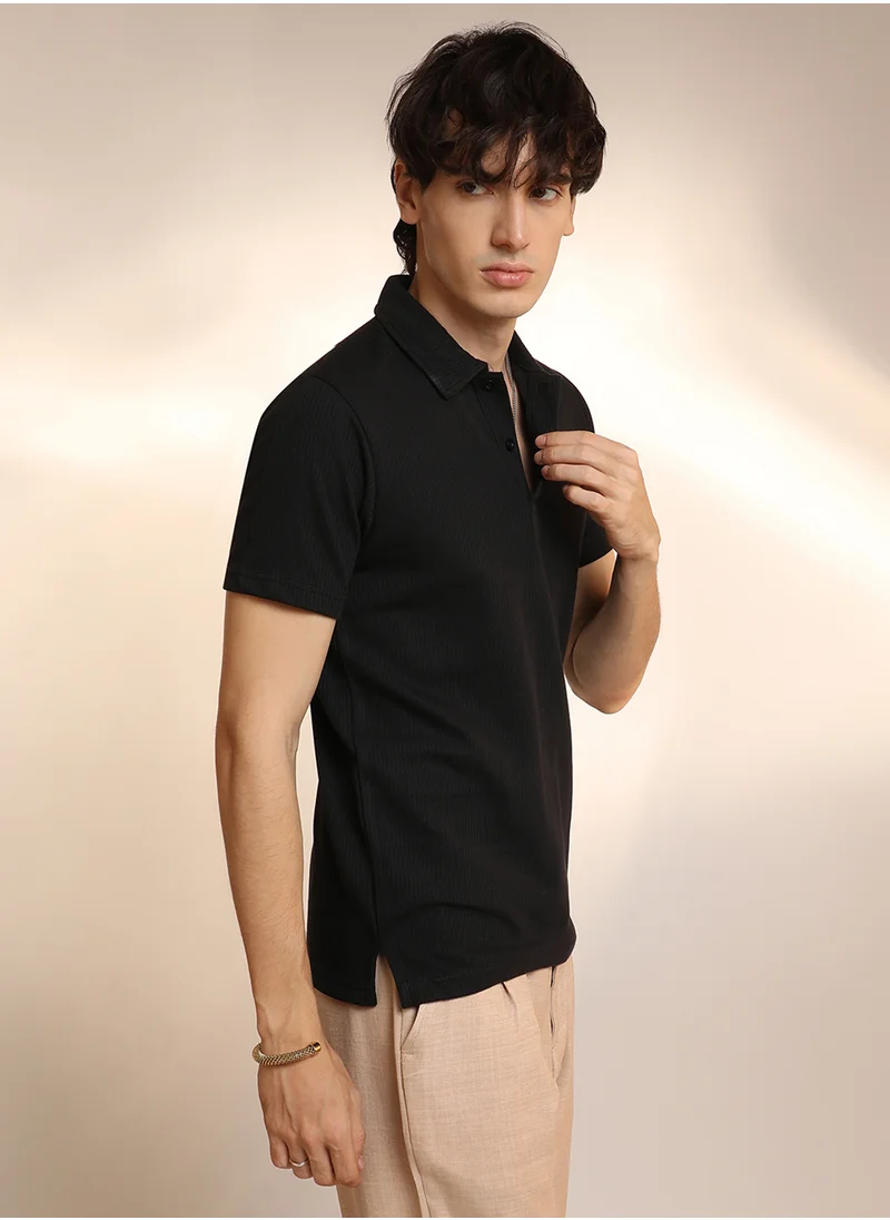 Campus Sutra Men's Onyx Black Ribbed Polo T-Shirt