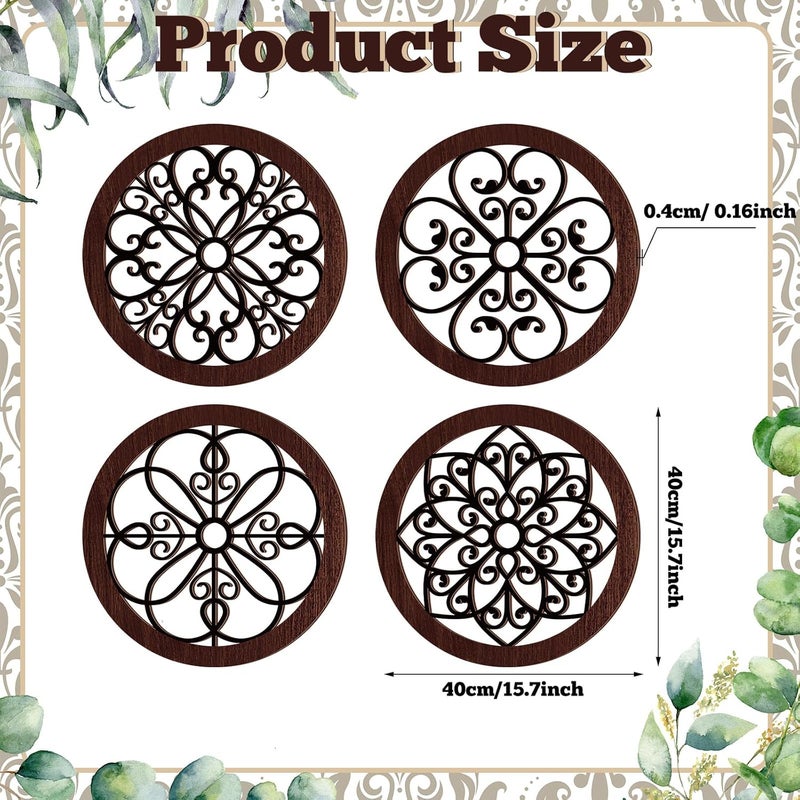 يوليجو Market need oriented construction 4 Pcs Thicken Rustic Wall Decor Farmhouse Kitchen Wall Round Art Wooden Hollow Carved Design Rustic Art for Living Room Bedroom Hallway Decor (15.7 x 15.7 Inch,Black, Brown) Multiple options - Image 2