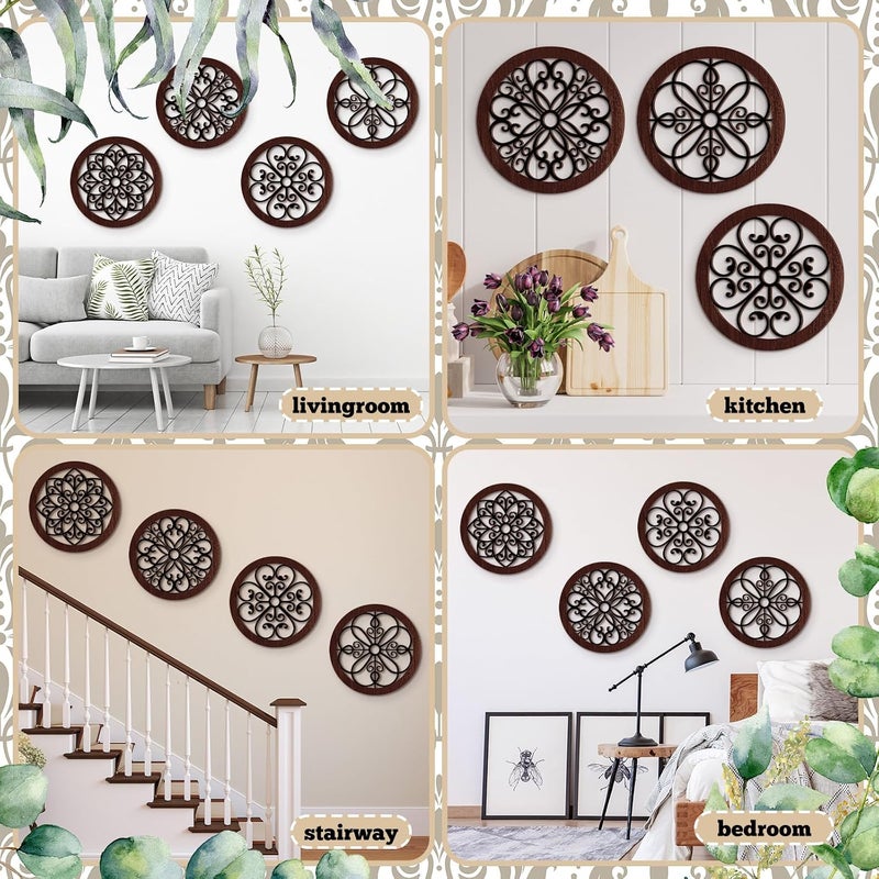 يوليجو Market need oriented construction 4 Pcs Thicken Rustic Wall Decor Farmhouse Kitchen Wall Round Art Wooden Hollow Carved Design Rustic Art for Living Room Bedroom Hallway Decor (15.7 x 15.7 Inch,Black, Brown) Multiple options - Image 4