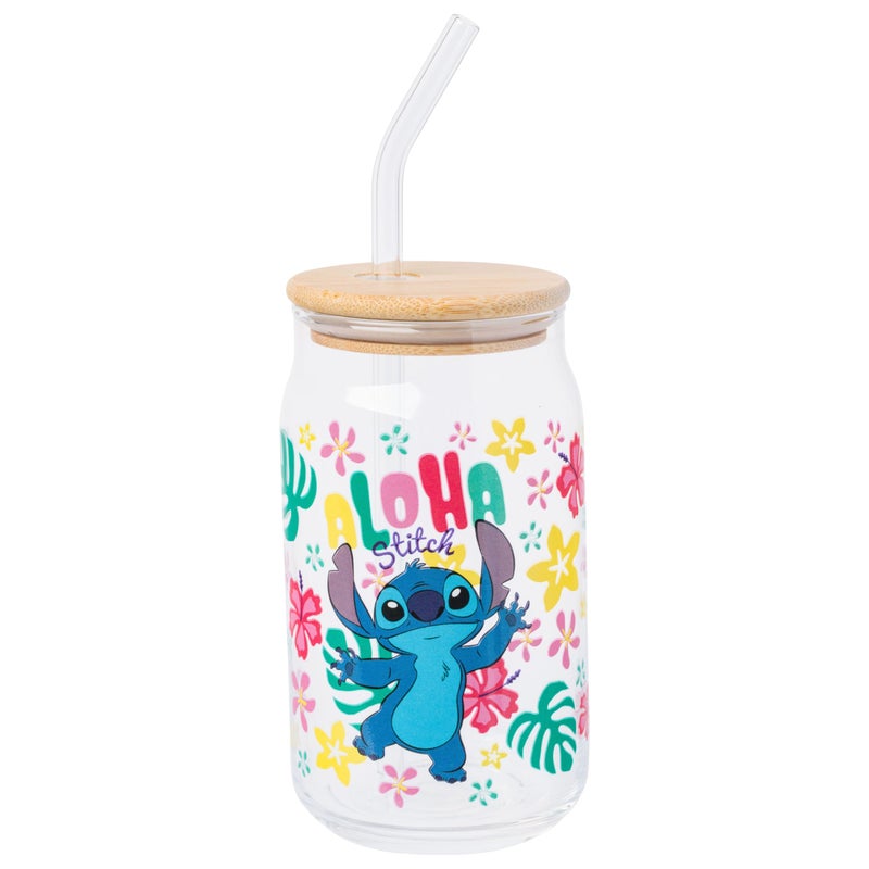 Silver Buffalo Disney Lilo and Stitch Aloha Tropical Hawaiian Glass Jar Tumbler with Bamboo Lid and Glass Straw 16 Ounces