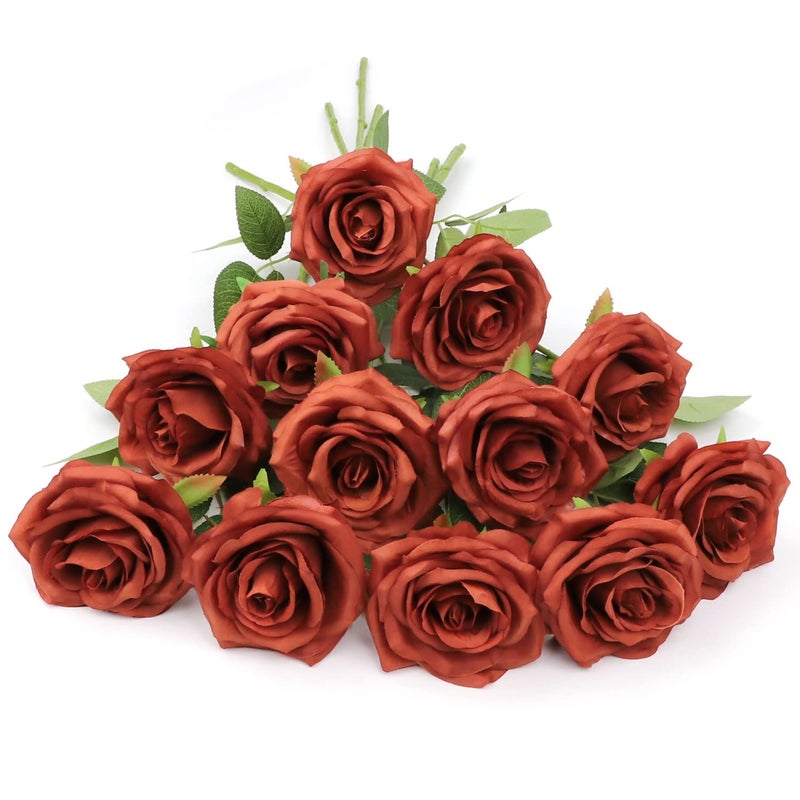 LVEFIT Artificial Rose Flowers Burnt Orange Rose Flowers Silk Flowers 12 pcs with Long Stem Silk Roses Bouquet for Wedding Bridal Shower Party Home Decoration