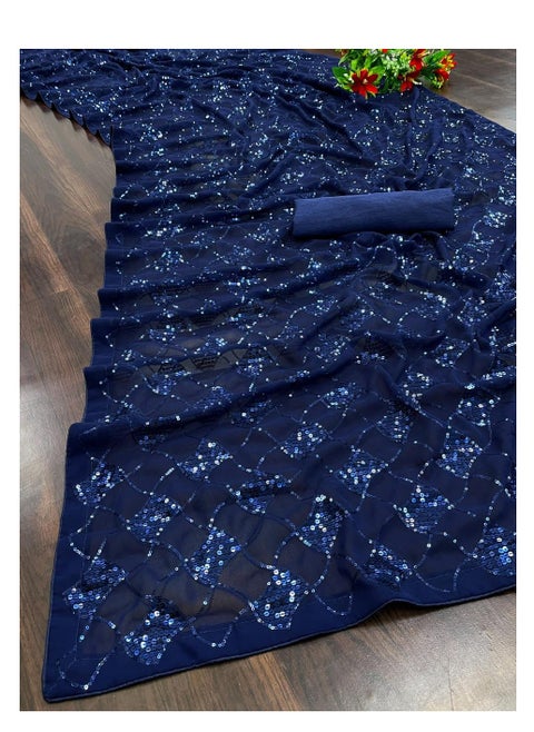Georgette Blue Sequence Work Saree With Satin Unstitched Blouse
