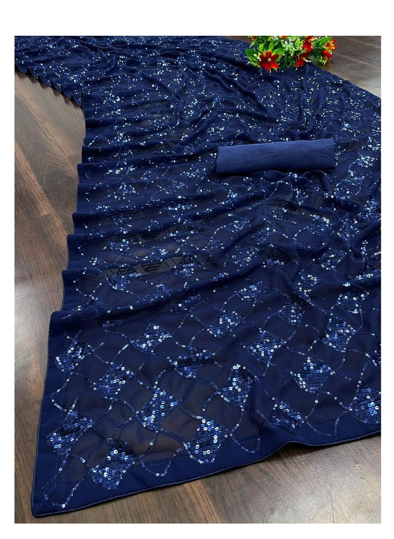 Georgette Blue Sequence Work Saree With Satin Unstitched Blouse