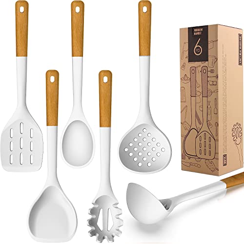 AVGPD Large Silicone Cooking Utensils Set - Heat Resistant Silicone Kitchen Utensils for Cooking w Wooden Handles, Spatula Set, Kitchen Utensil Gadgets Sets for Non-Stick Cookware, BPA Free (White) - Image 1
