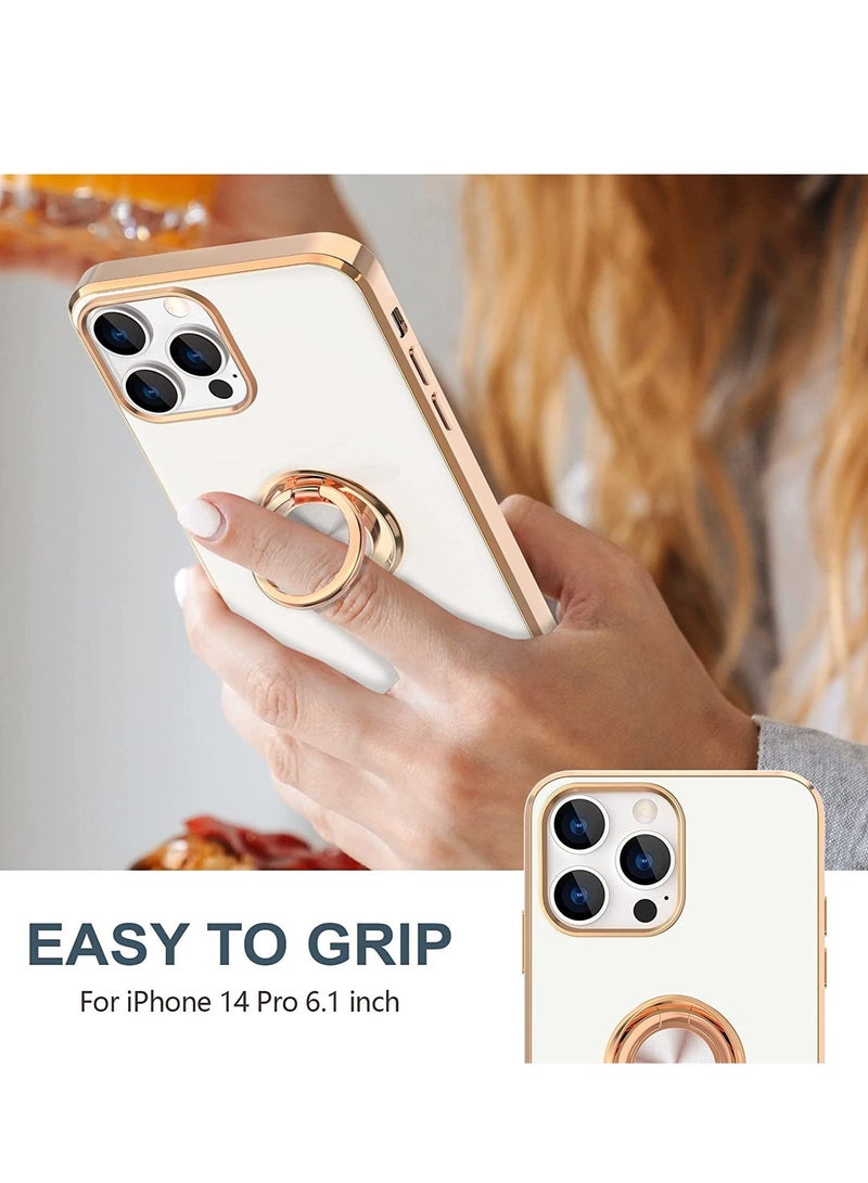 Raxoom Case for iPhone 14 Pro Case with Ring Stand [360Â° Rotatable Ring Holder Magnetic Kickstand] [Support Car Mount] Plated Rose Gold Edge Slim Soft TPU Luxury Protective Phone Case Cover, White - Image 2