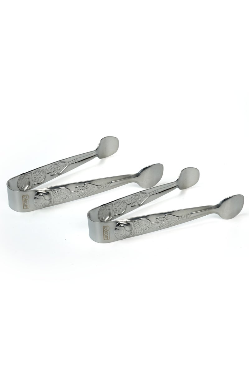 بيرام ملقط سكر بيرم - ملقط صغير من الفولاذ المقاوم للصدأ لمكعبات السكر والثلج والوجبات الخفيفة وحفلات الشاي - متين ومقاوم للصدأ (2، فضي، تصميم المقبض) - Image 1