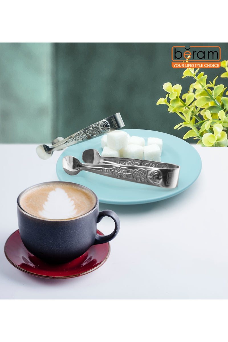 بيرام ملقط سكر بيرم - ملقط صغير من الفولاذ المقاوم للصدأ لمكعبات السكر والثلج والوجبات الخفيفة وحفلات الشاي - متين ومقاوم للصدأ (2، فضي، تصميم المقبض) - Image 2